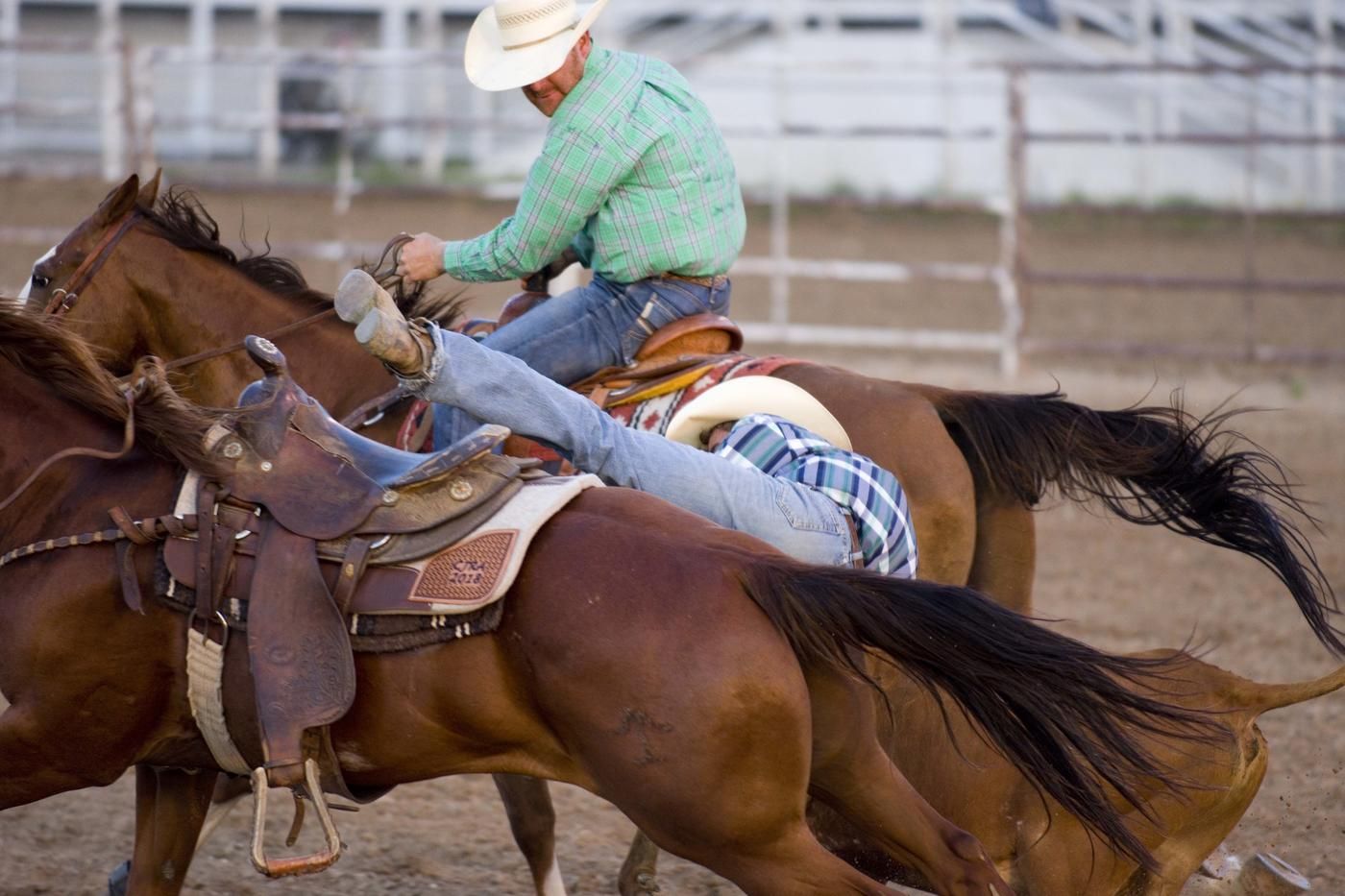 ranch rodeo cowboy on horse falling off