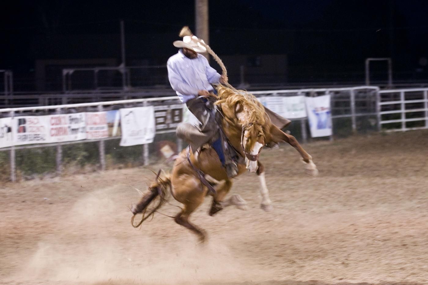 pro rodeo cowboy on horse jumping mid air