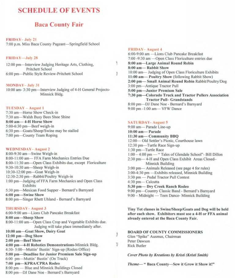 Baca County Fair Schedule 2017 Baca County Colorado